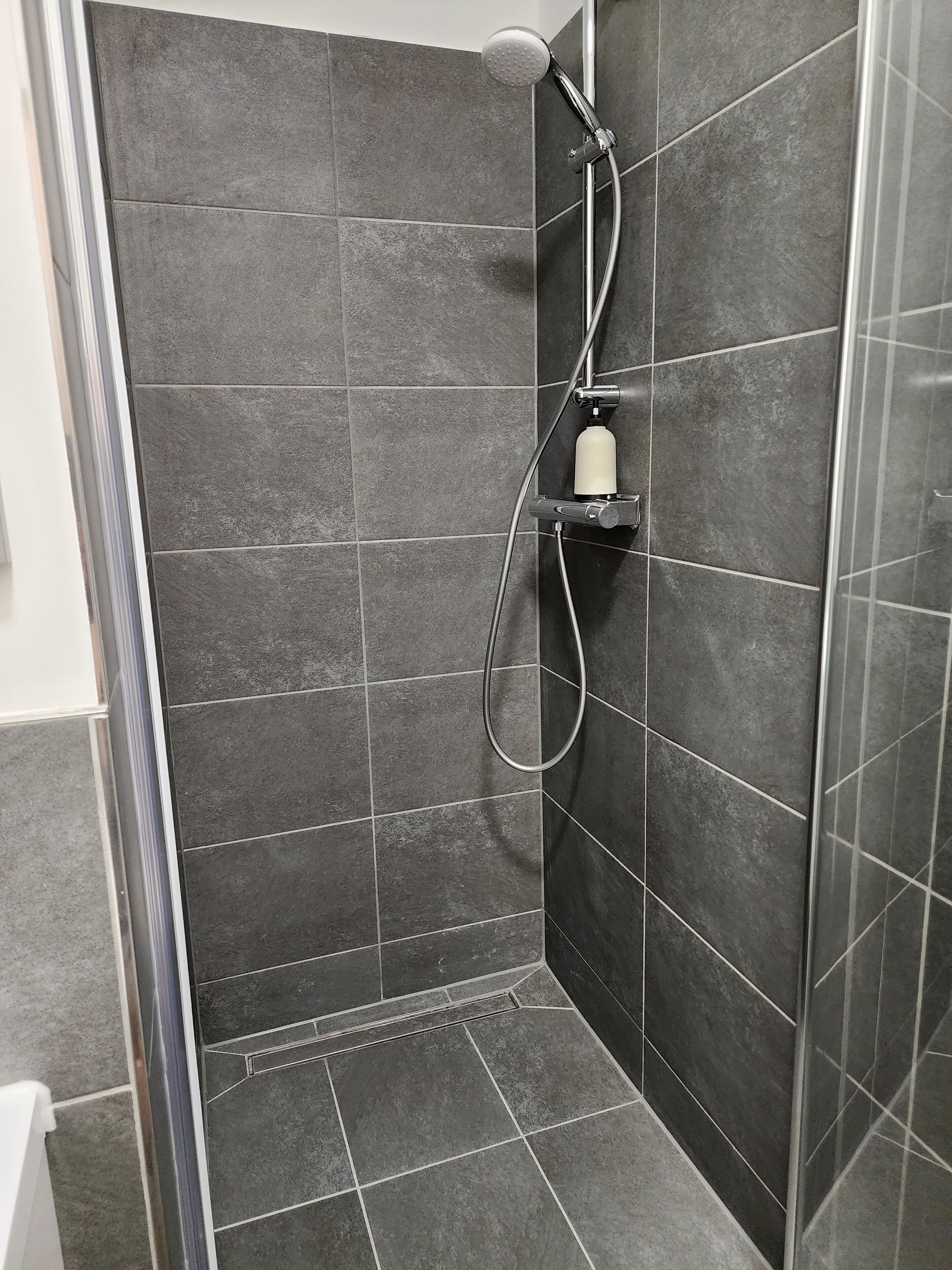 Ein Duschbereich mit dunklen Fliesen und einer Handbrause.