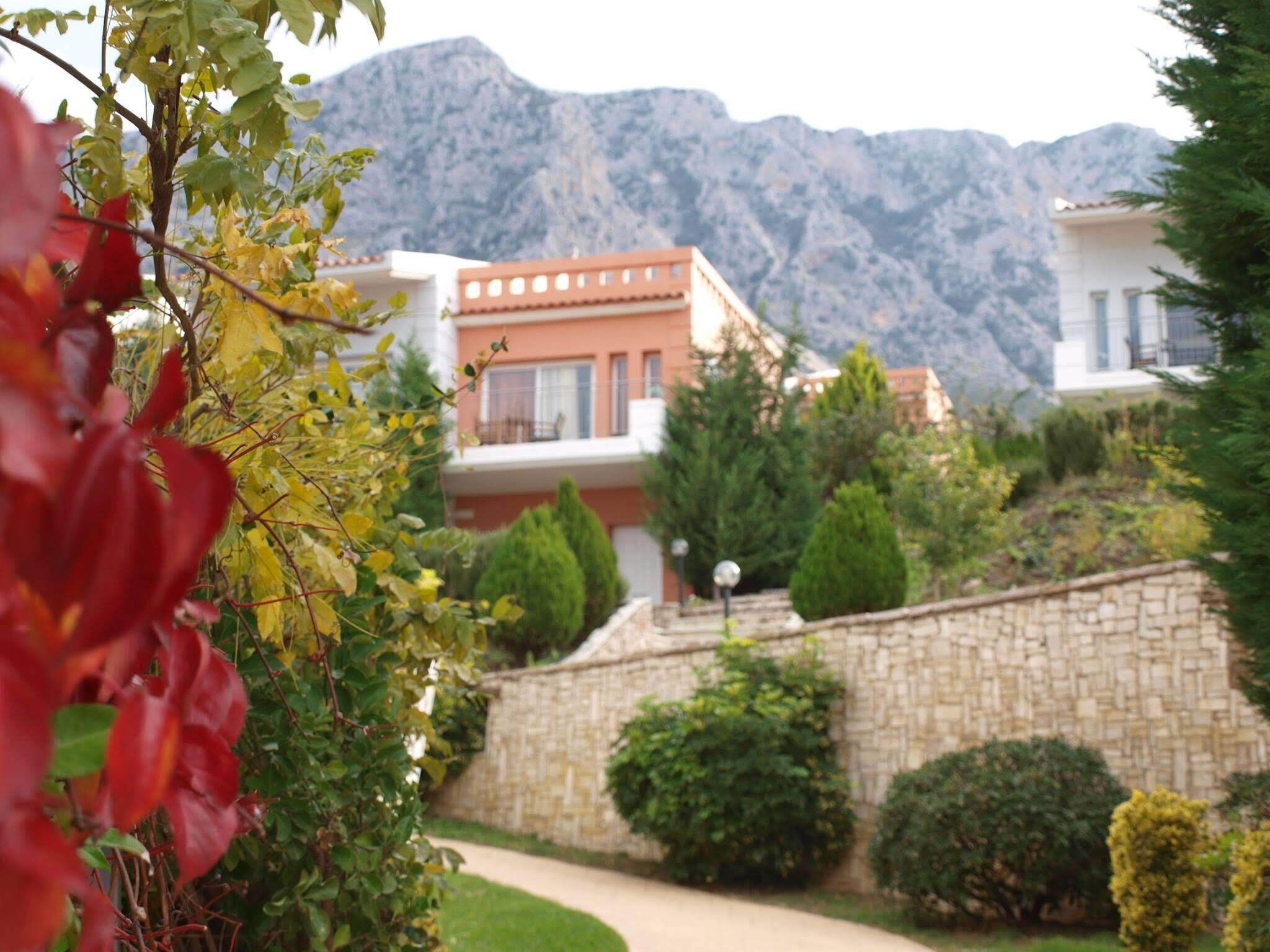Zona residencial en una ladera con muros de piedra y vegetación, con casas que tienen balcones y montañas al fondo.