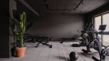 A gym with exercise equipment, a large potted plant, and a bench.