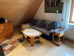 Fernseher, Kamin, Bücher, Stereoanlage