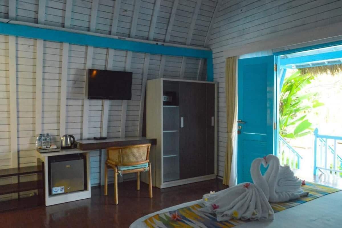 A room with a bed, a desk, a television, a wardrobe, and a door leading to a balcony with a view of greenery.