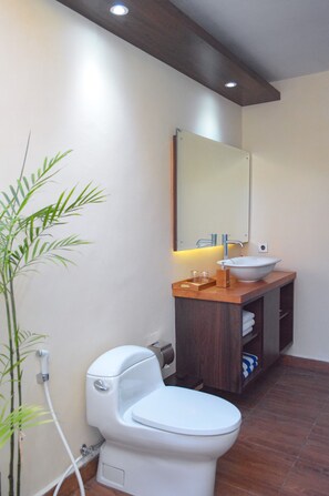 Shower, rainfall showerhead, free toiletries, hair dryer