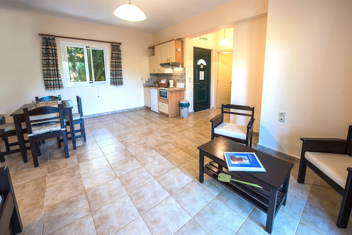 A spacious living area with a dining table, chairs, a kitchen, and a door leading to another room.