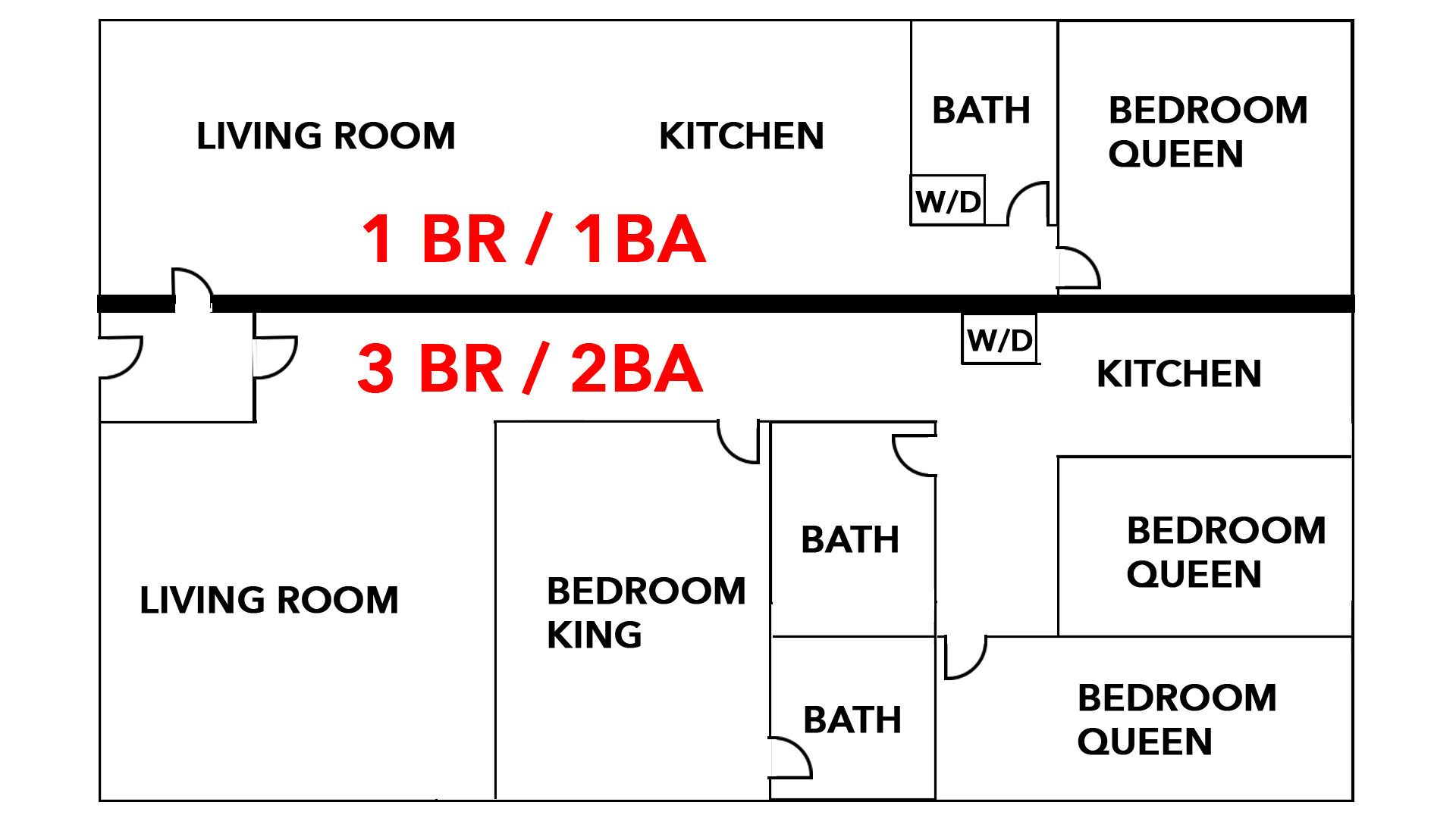 Plano de planta con configuraciones de 1 dormitorio/1 baño y 3 dormitorios/2 baños, incluyendo salas de estar, cocinas, baños y camas tamaño queen.