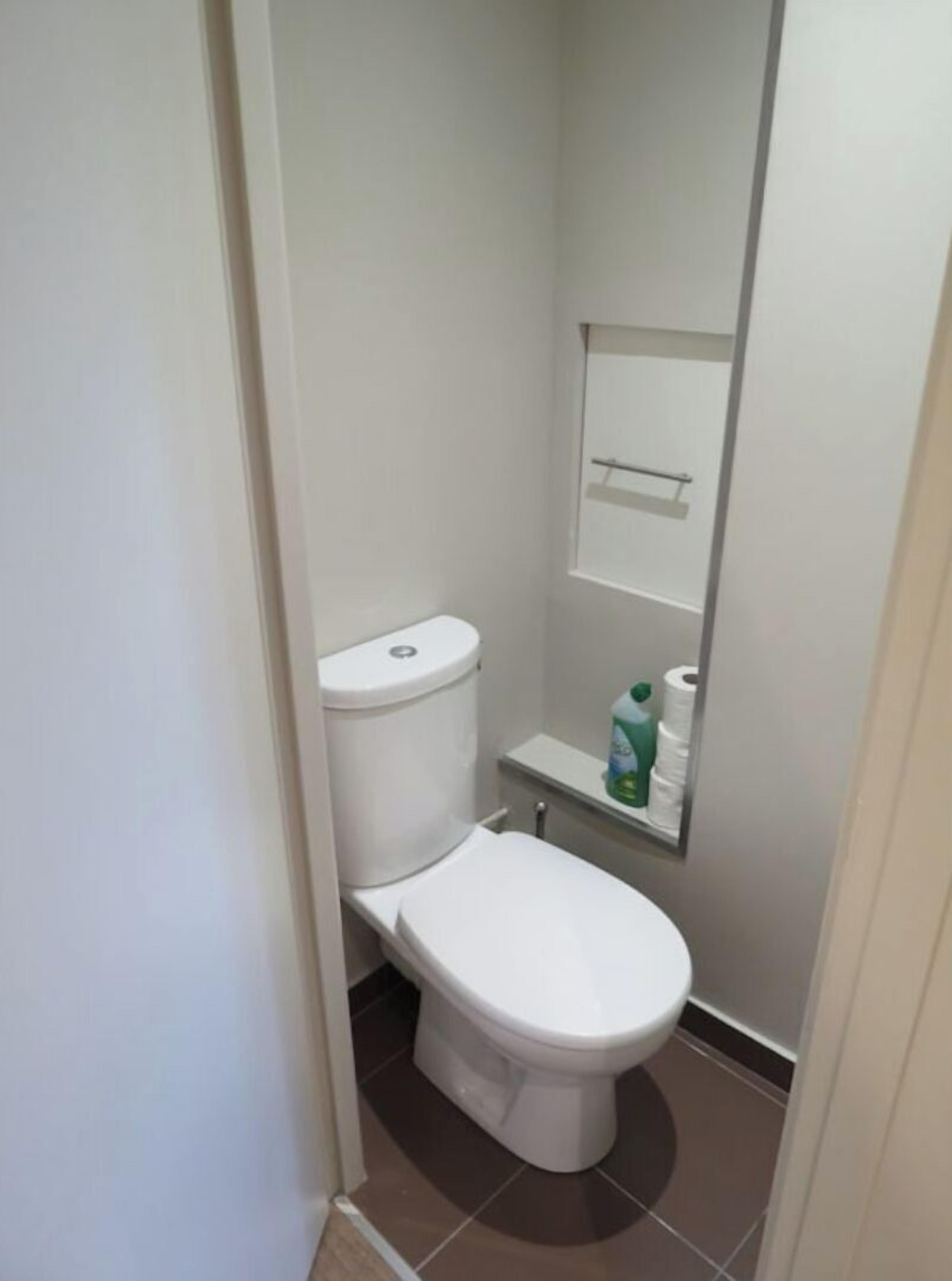A small, white bathroom with a toilet, a shelf with toiletries, and a mirror.