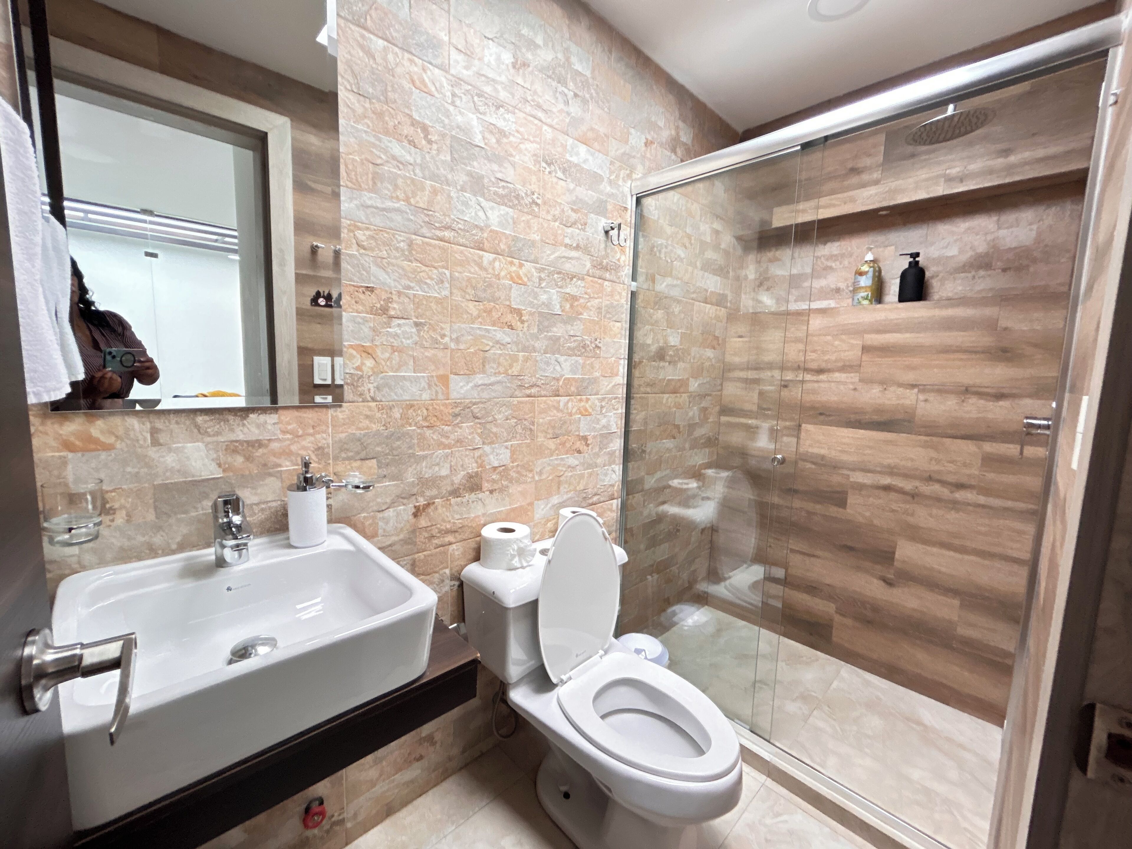 Shower, hair dryer, bidet, towels