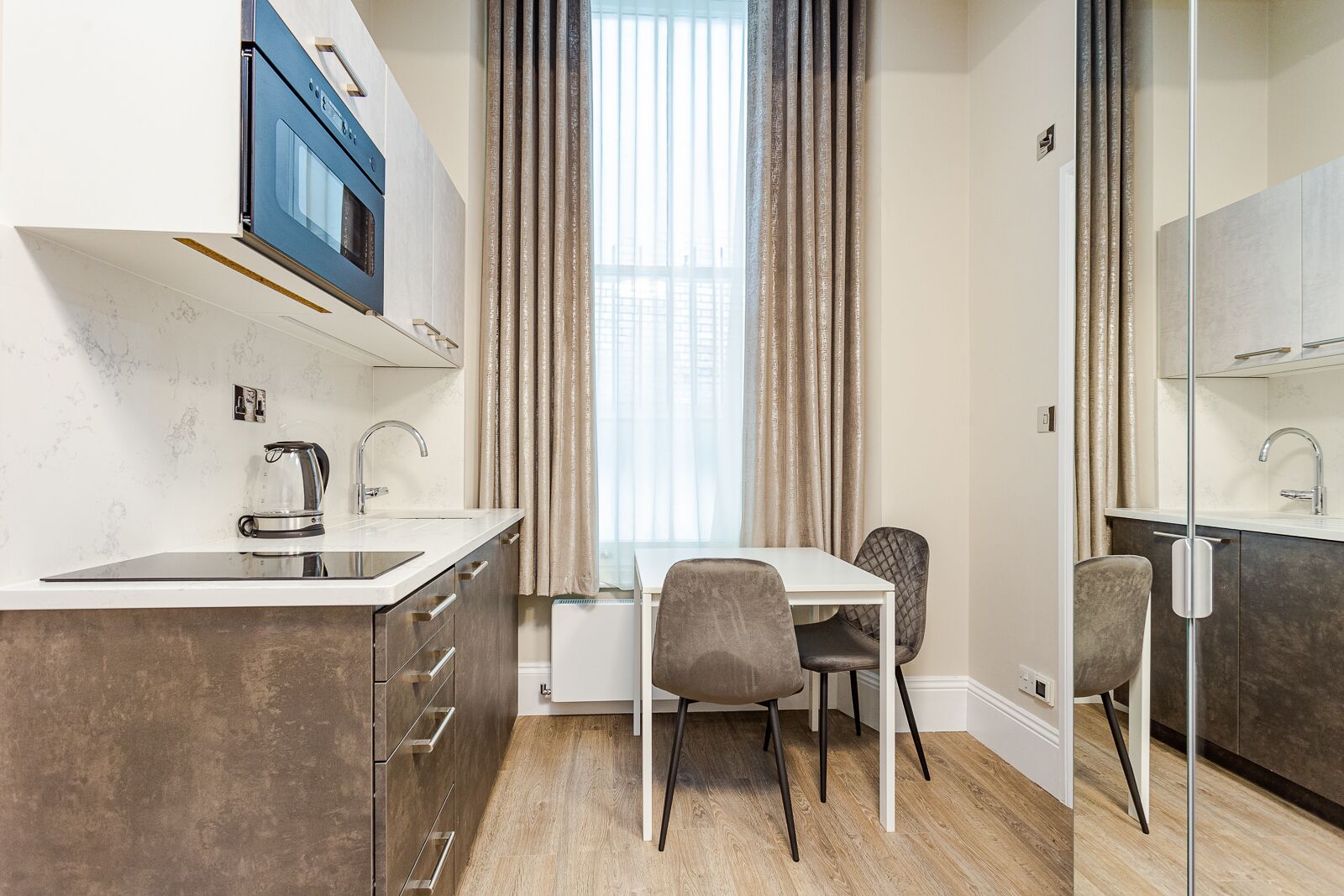 Fridge, microwave, stovetop, electric kettle