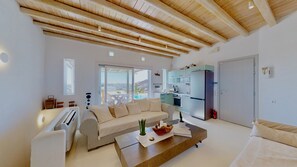 TV connectée, cheminée, livres, chaîne hi-fi