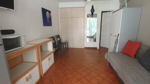 A compact living space with a kitchenette, a sofa, a dining area, and a wardrobe.