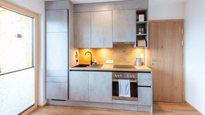 A modern kitchen with grey cabinets, a black sink, a built-in oven, and a wooden door. - Beautiful Apartment in a top Location in the Zillertal (Hainzenberg)