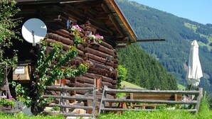 A rustic log cabin with a wooden fence, a satellite dish, and a view of a forested mountain range. - Quaint Mountain Hut in Hippach With Garden and Barbeque (Hippach)