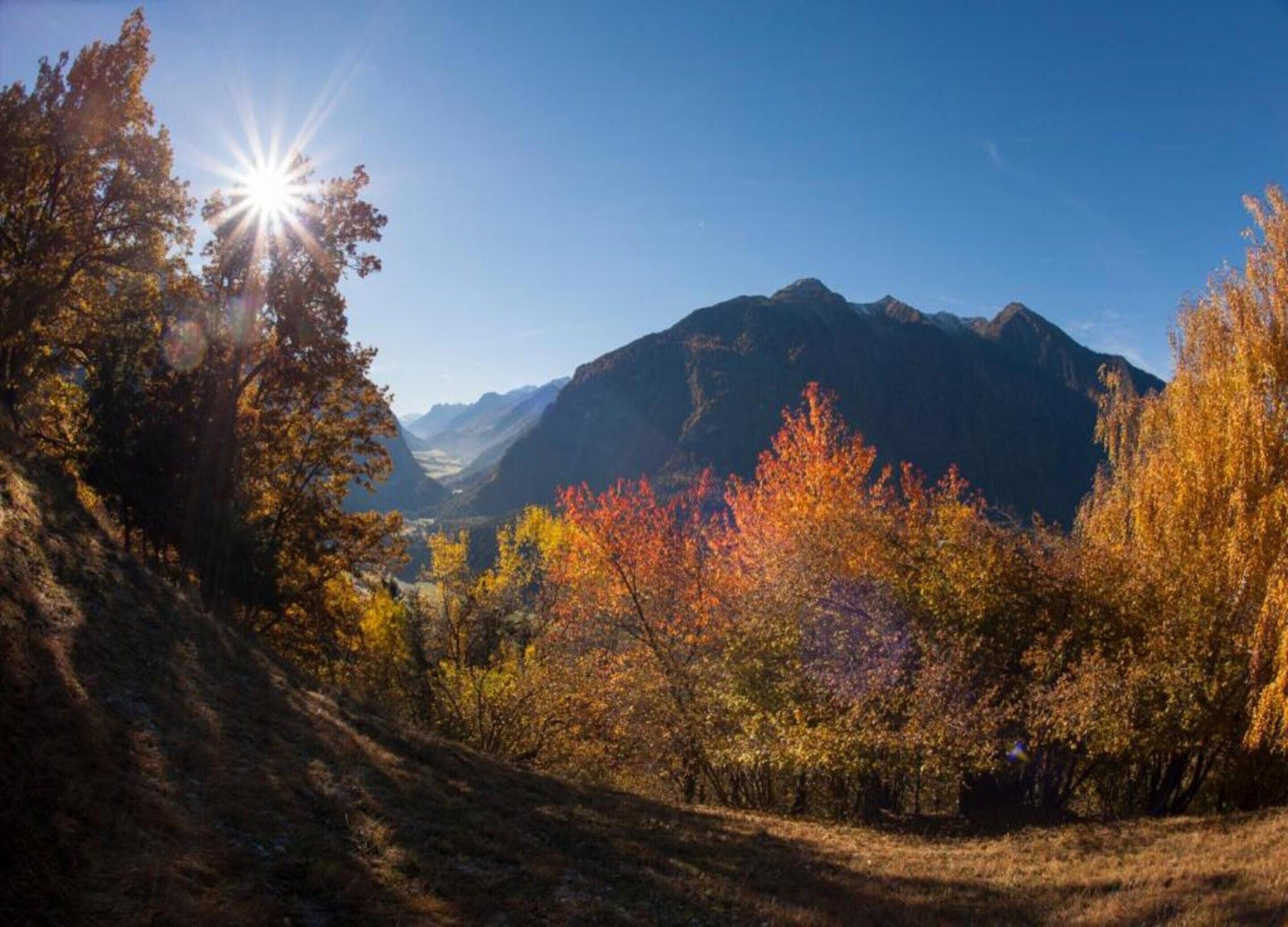 Un paysage montagneux aux couleurs automnales, sous un ciel dégagé.