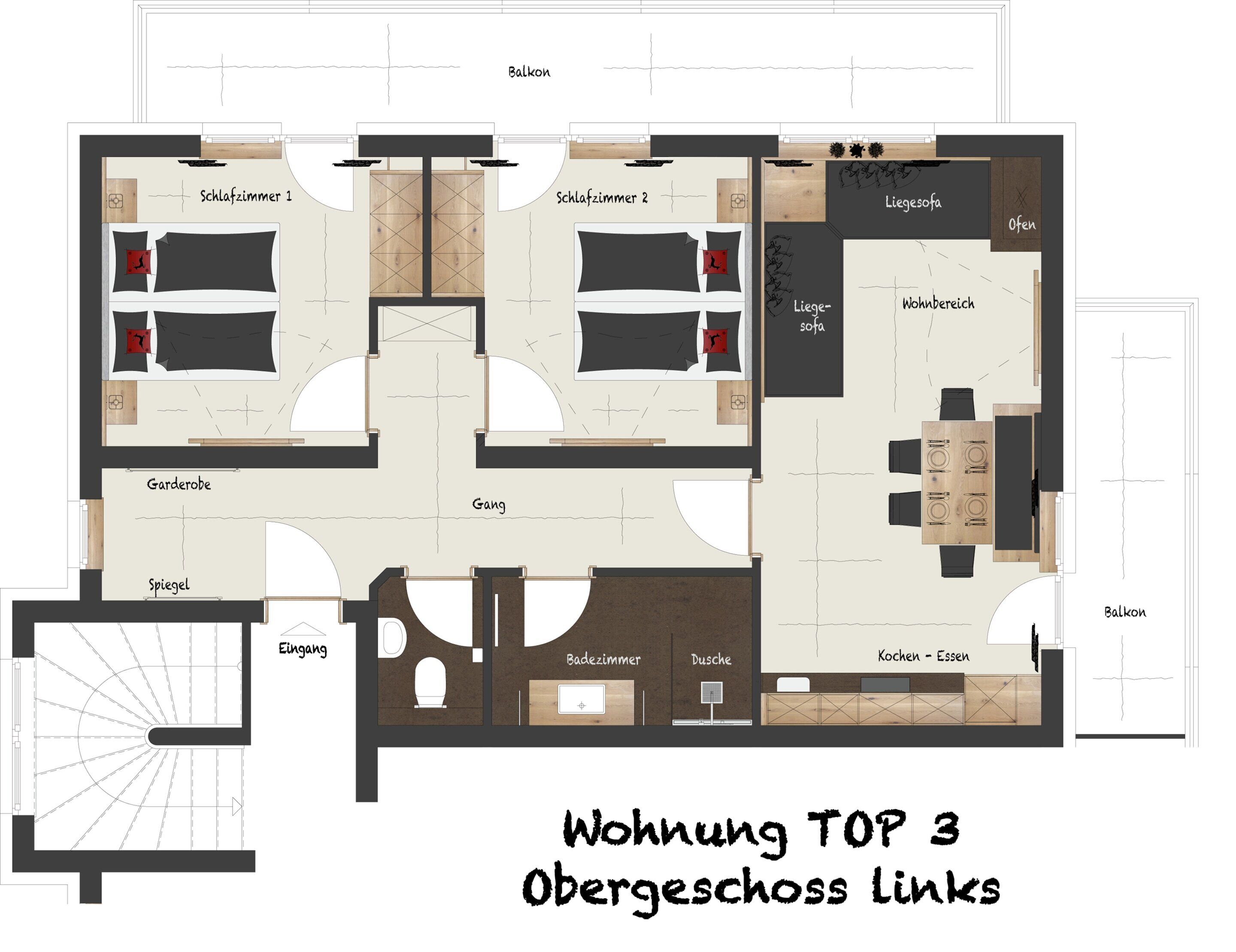 Plano de un hotel con tres habitaciones comunicadas, sala de estar, comedor y cocina.