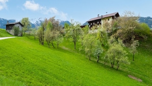 Ländliche Landschaft mit zwei Holzhäusern, blauem Himmel und einem grünen Feld.