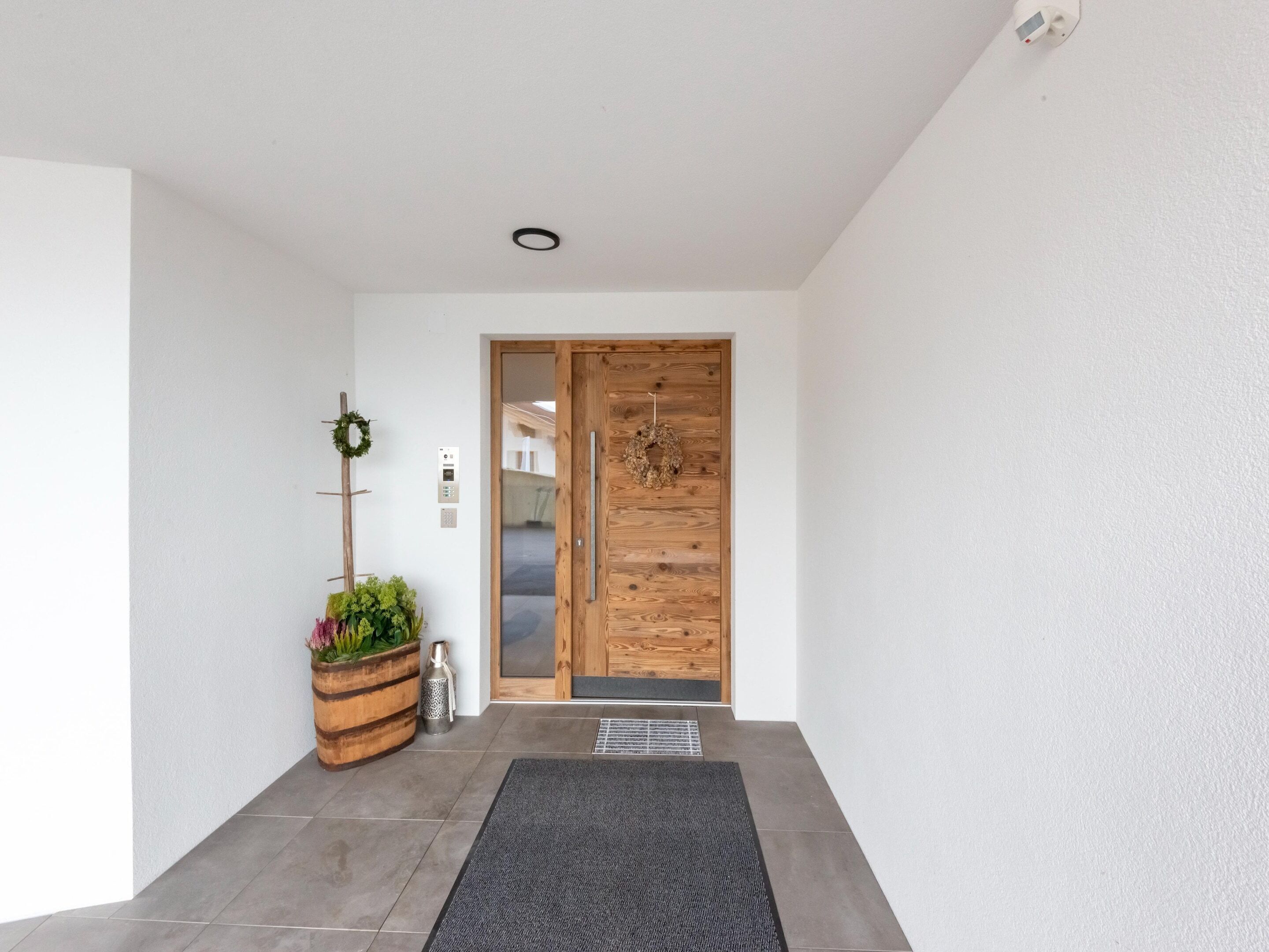 A modern entrance with a wooden door, a potted plant, and a metal grate on the floor.
