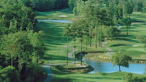 En golfbane med et vandareal, træer og bunkere.