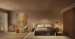 Un dormitorio con una cama, dos sillas, una mesita de noche, una lámpara y un cuadro grande en la pared.