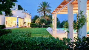 Una casa moderna con un prato curato, una piscina e una zona relax coperta all'aperto.