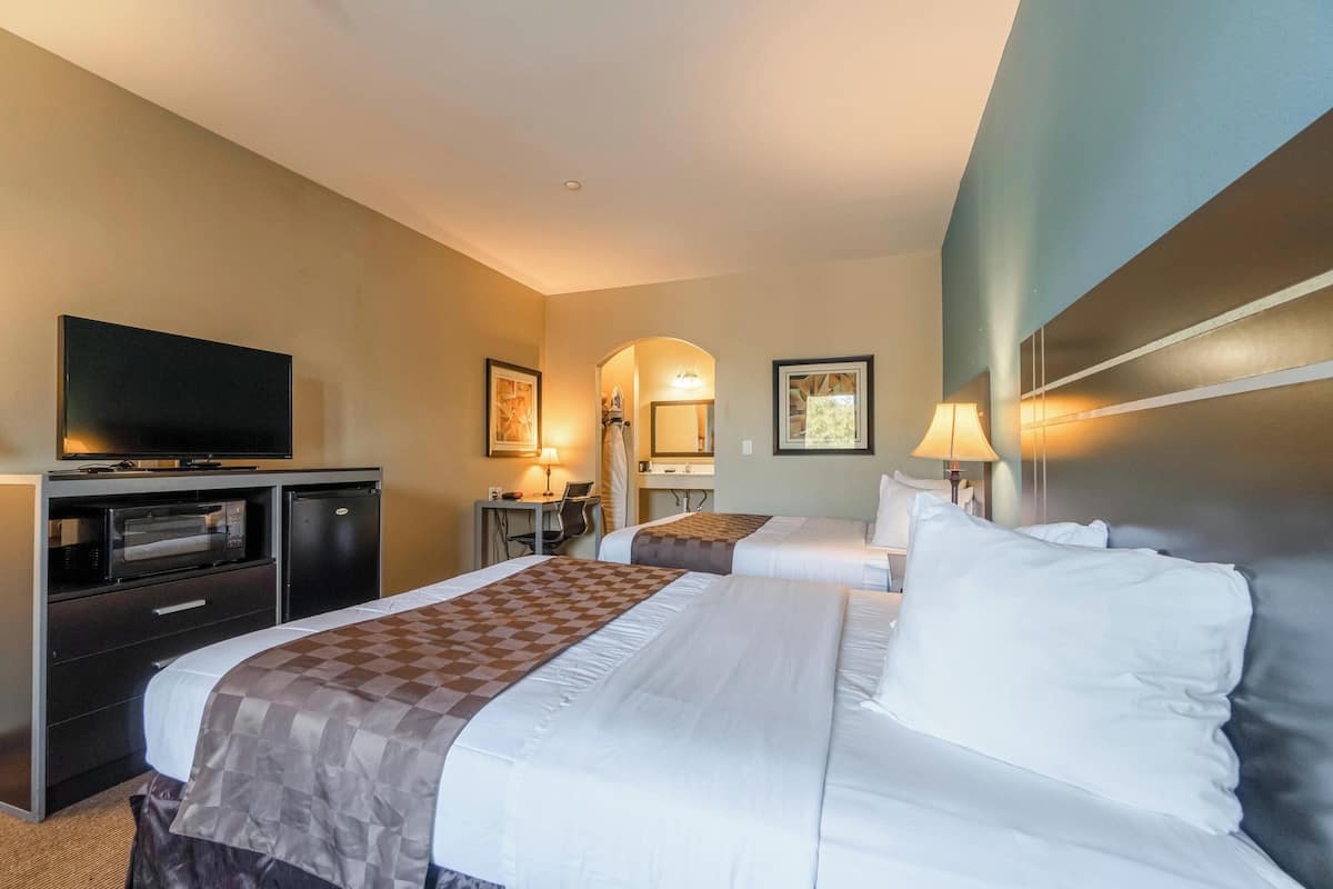 A hotel room with two beds, a TV, a desk with a lamp, and a mirror.