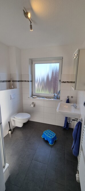 Regadera, toallas, papel de baño 