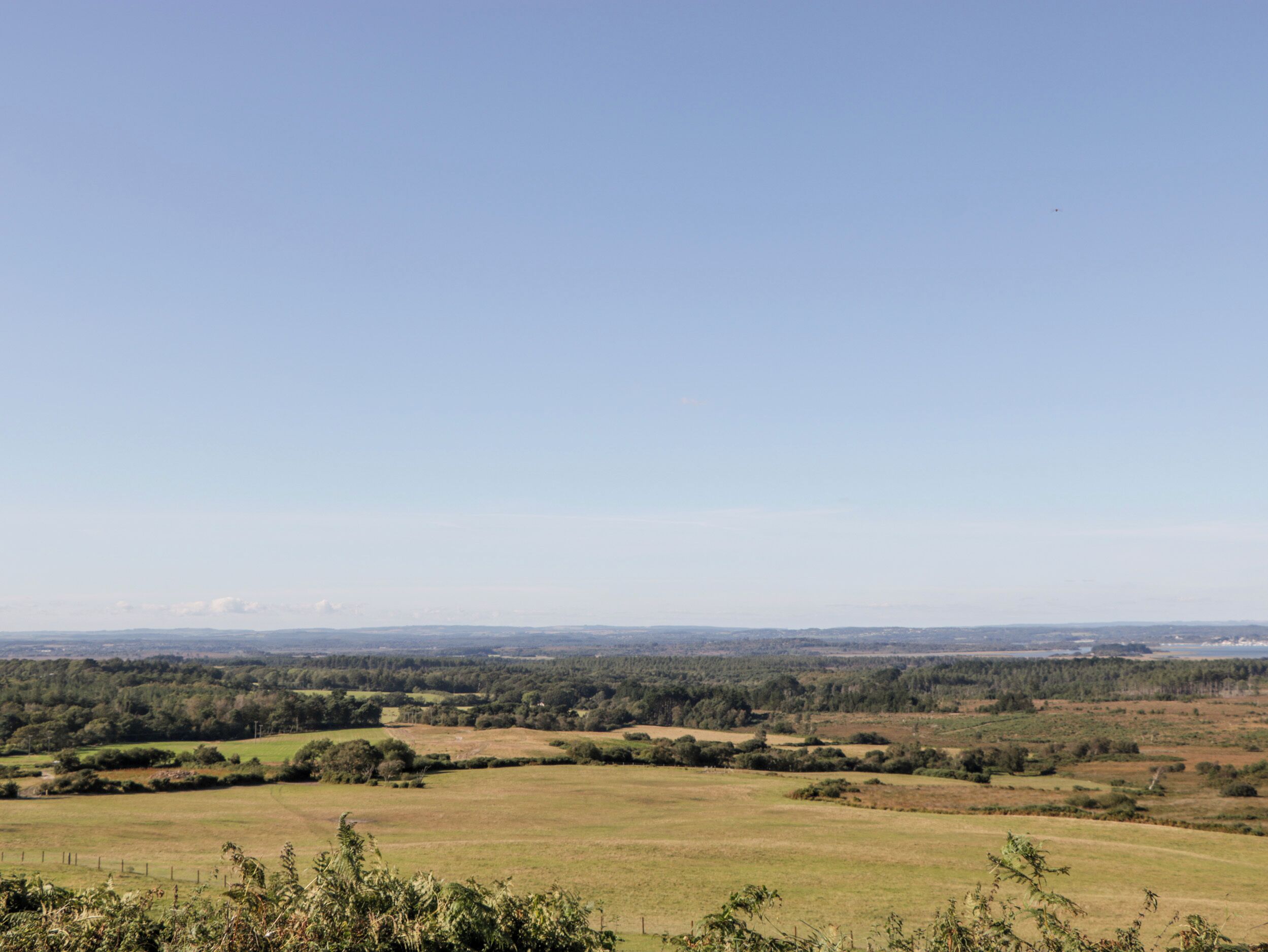 A panoramic view of a rural landscape with open fields and distant trees.