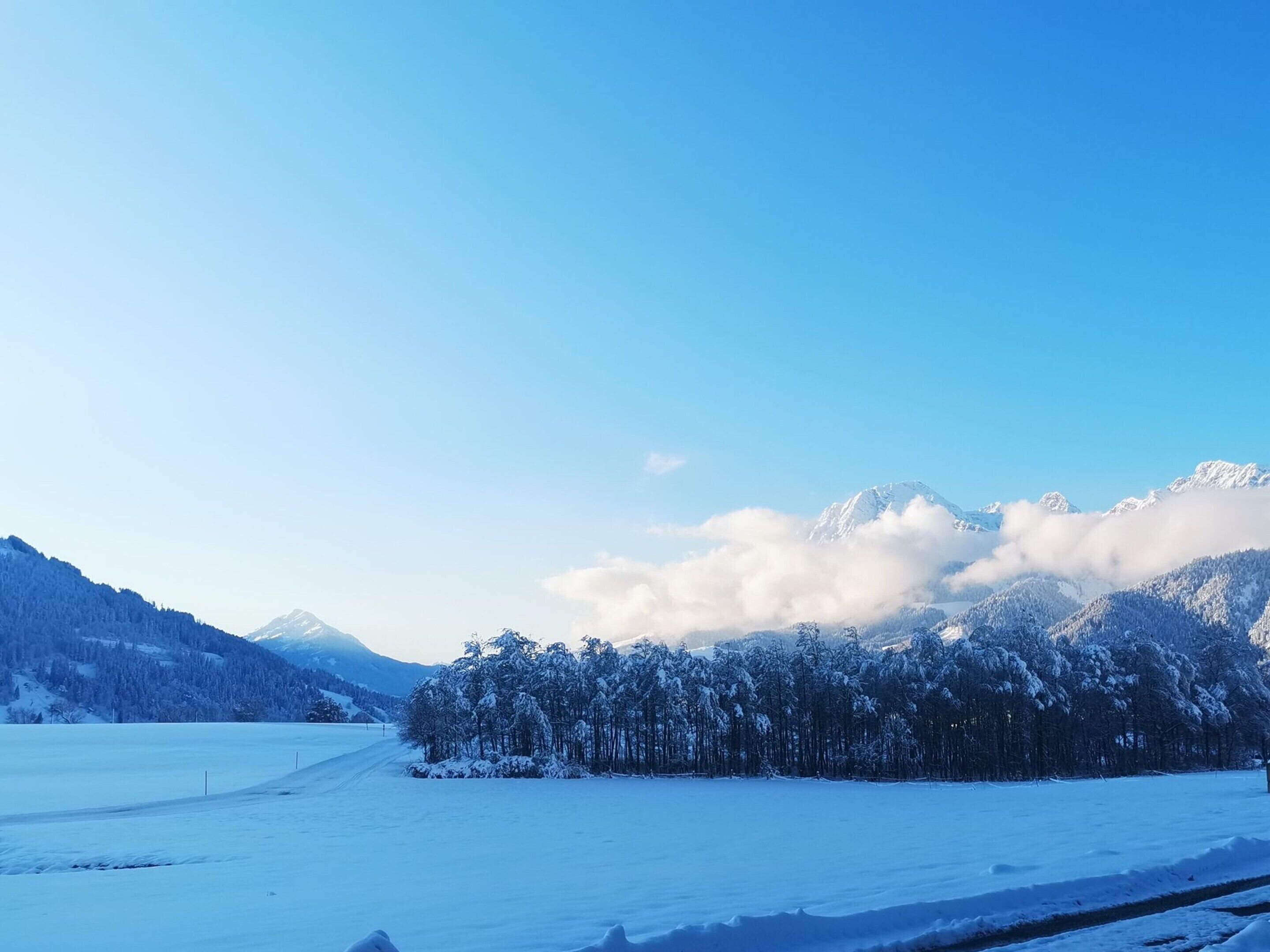 Un paisaje nevado con cielo despejado, una carretera y una cadena montañosa boscosa.