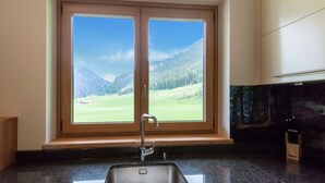 A kitchen with a window overlooking a green landscape and mountains. - Apartment in Saalfelden am Steinernen Meer (Saalfelden am Steinernen Meer)