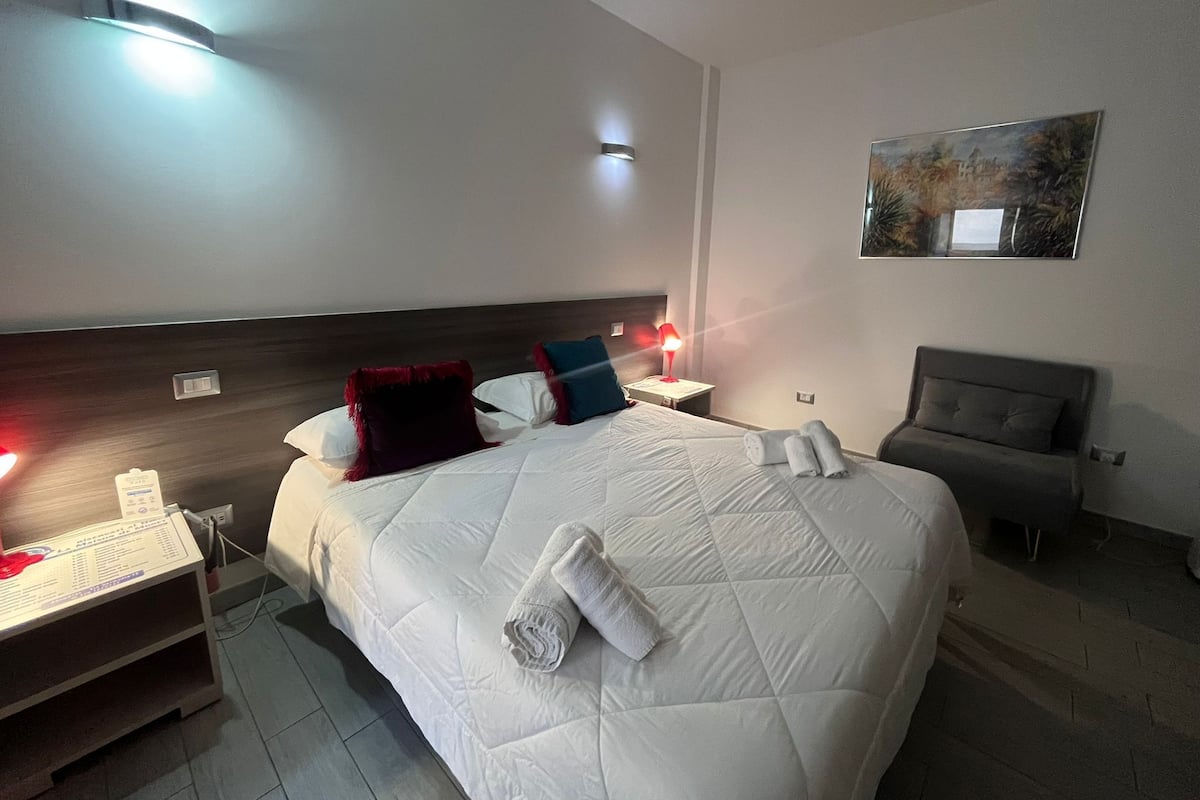 Habitació d'hotel amb un llit gran, una tauleta de nit amb una làmpada, un armari color gris i un quadre a la paret.
