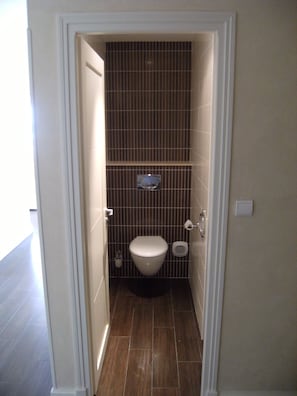 A small, narrow bathroom with a toilet, bidet, and a small shelf above the toilet. - Arcachon Centre Front de mer Appartement120m2 Avec une Grande Terrasse Privative (Arcachon)