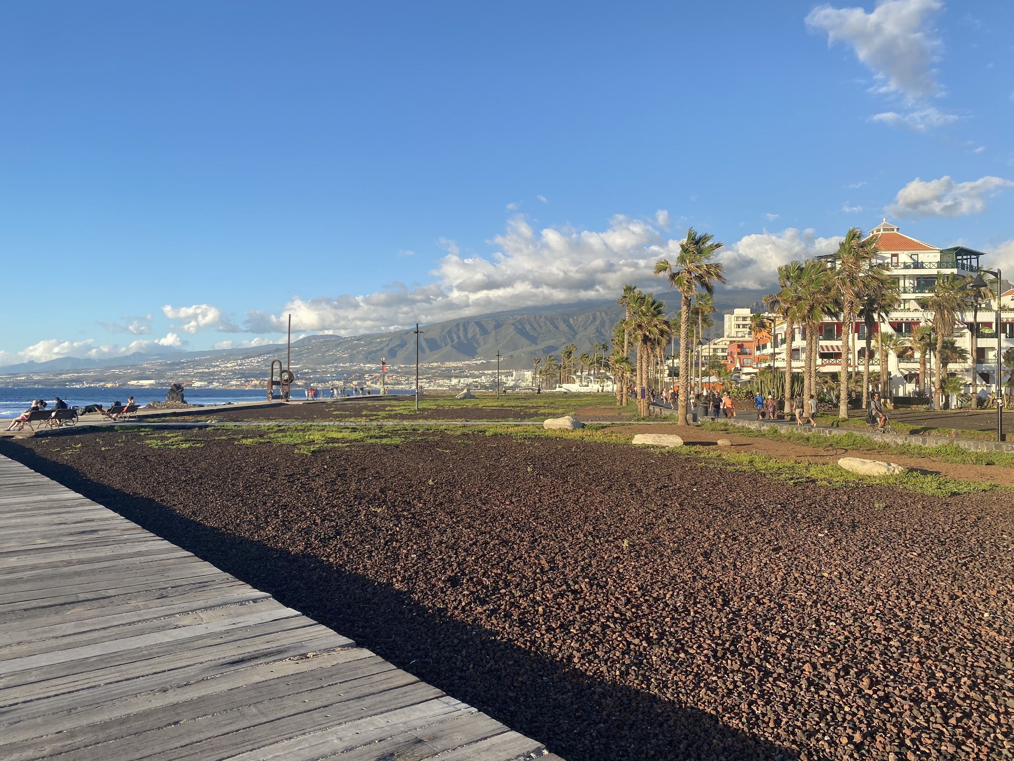 Un paseo marítimo costero con un camino de madera, palmeras y vista al mar y montañas al fondo.