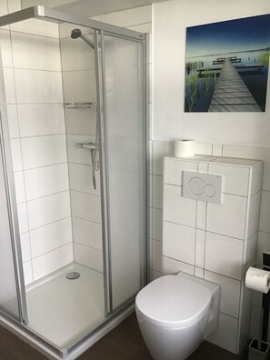 Regadera, secadora de cabello, jabón, papel de baño