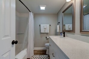 Hair dryer, towels, soap, toilet paper