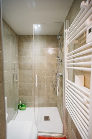Douche, articles de toilette (gratuits), séchoir à cheveux