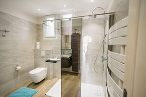 Douche, articles de toilette (gratuits), séchoir à cheveux