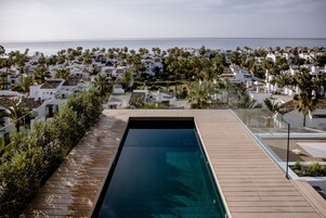 A rectangular pool with a wooden deck, surrounded by white buildings and palm trees, overlooking a coastal area.
