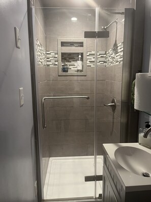 Hair dryer, towels, soap, shampoo