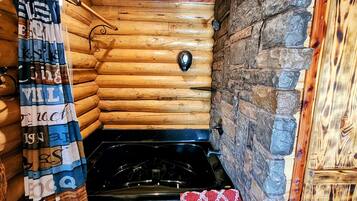 Jetted bath, hair dryer, towels, soap