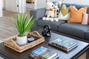 Smart TV, fireplace, video games, books