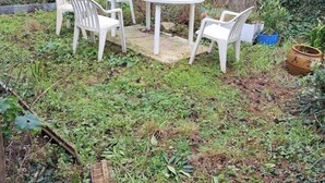 Un espace extérieur aménagé avec une table et quatre chaises, entouré de verdure et d’une clôture.