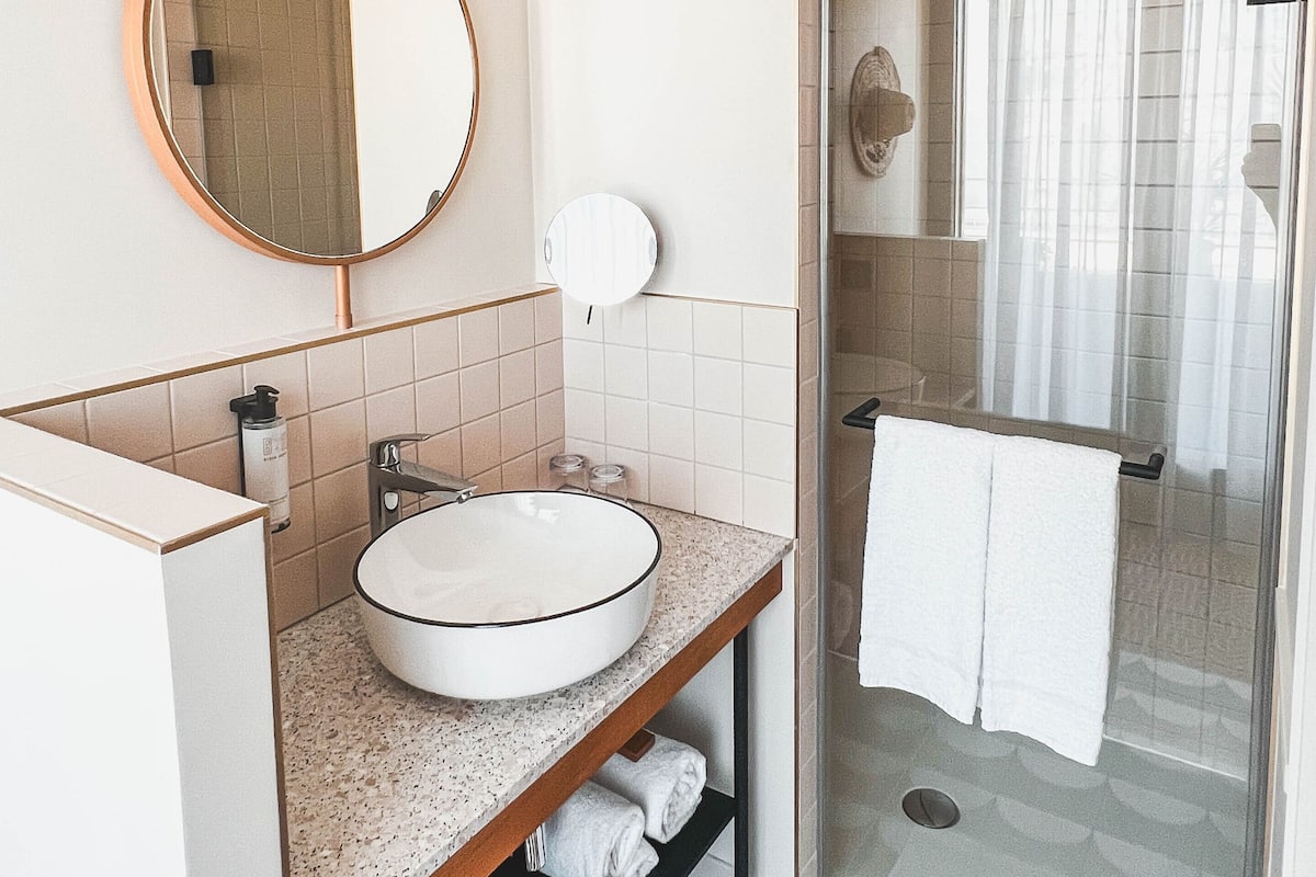 Shower, hair dryer, towels