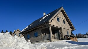 En stuga byggd av trä med ett sadeltak, en veranda och en grund av sten.