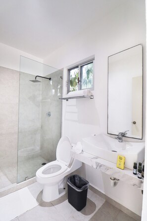 Shower, towels, soap, shampoo