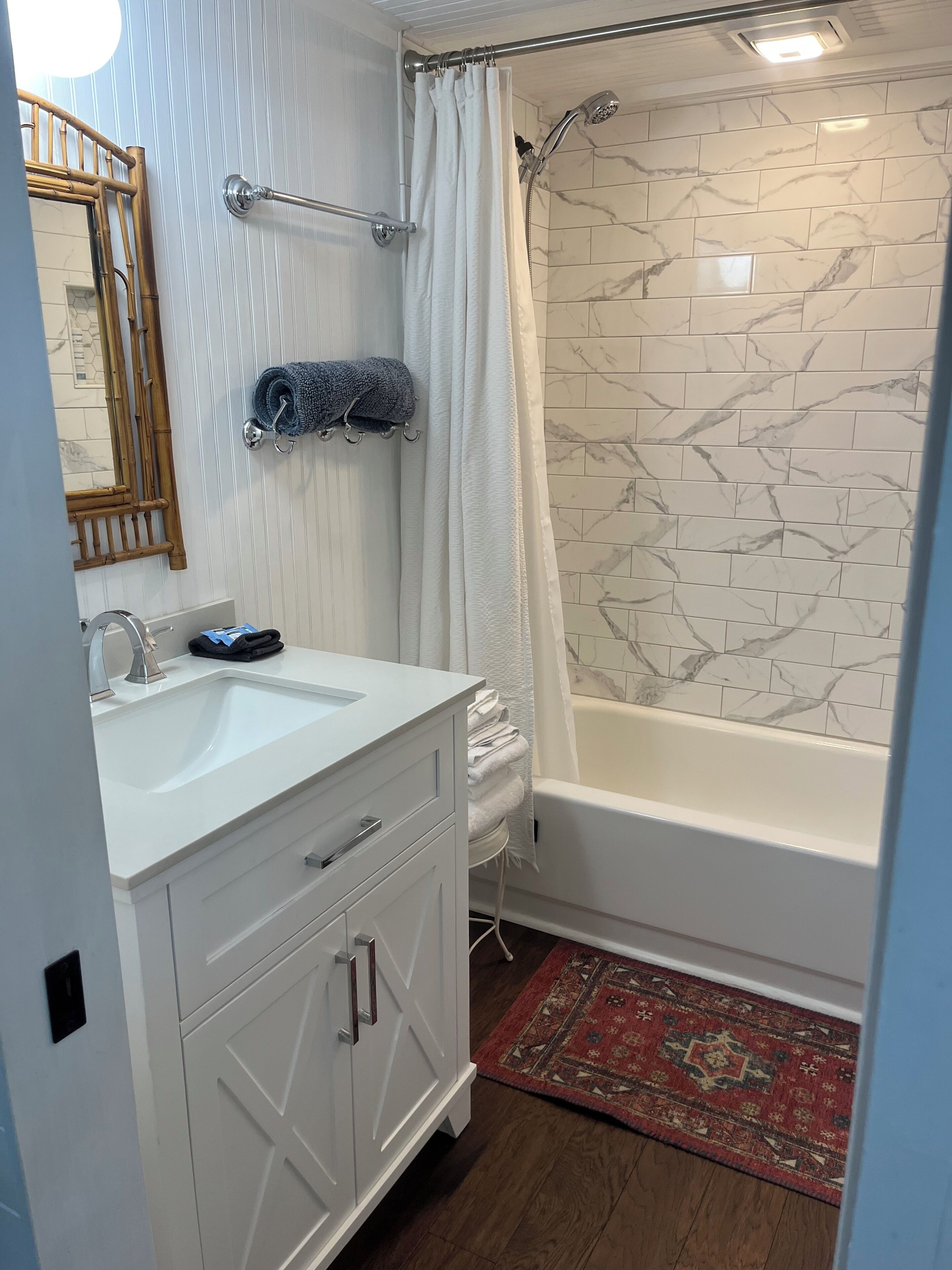 Hair dryer, towels, soap, shampoo