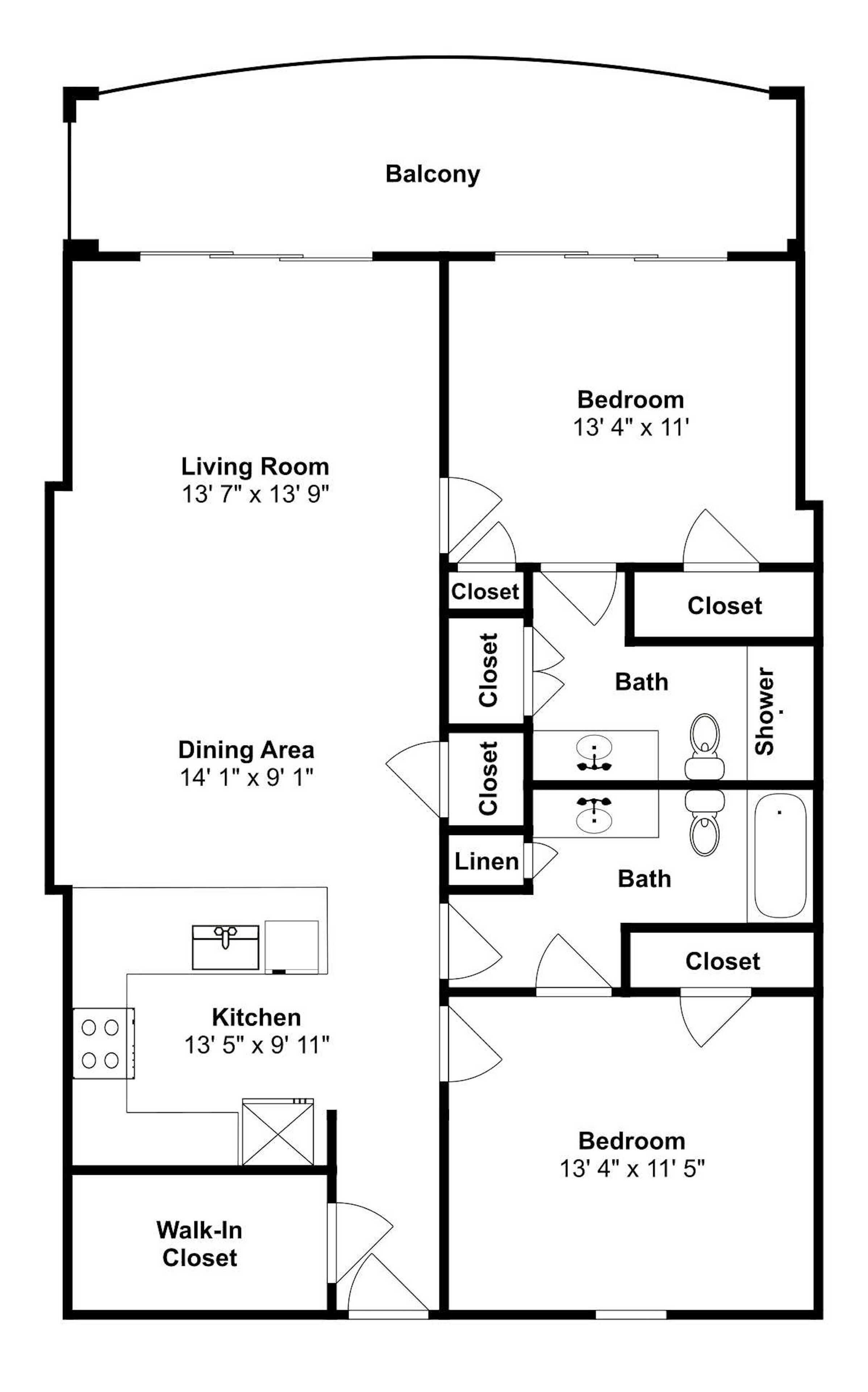 Grundriss eines Hauses mit Balkon, Wohnzimmer, Essbereich, Küche, zwei Schlafzimmern und Ankleidezimmer.