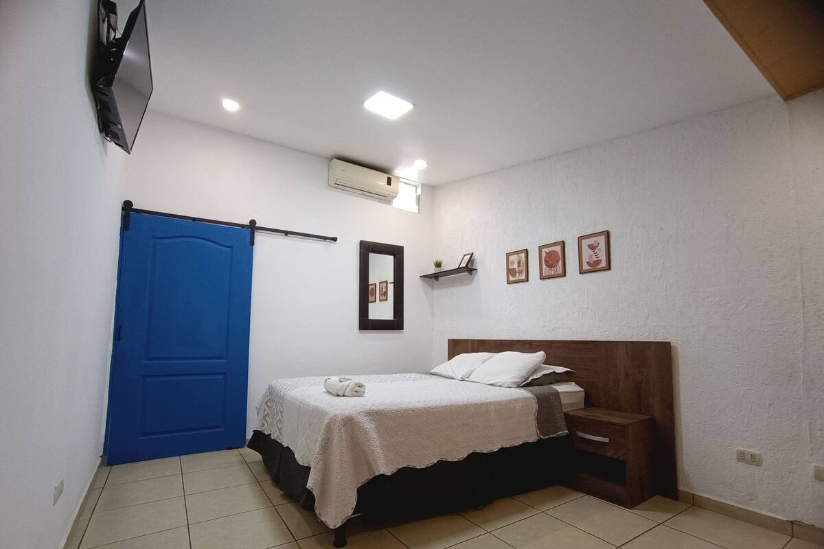Een slaapkamer met een bed, een blauwe deur, een airconditioning en een wandplank met foto's.
