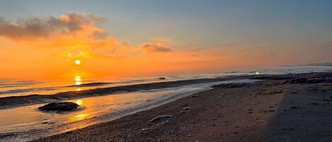 Ein Strand bei Sonnenuntergang, die Sonne tief am Horizont, ihr Licht spiegelt sich im Wasser.