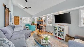 Smart TV, fireplace, books, stereo