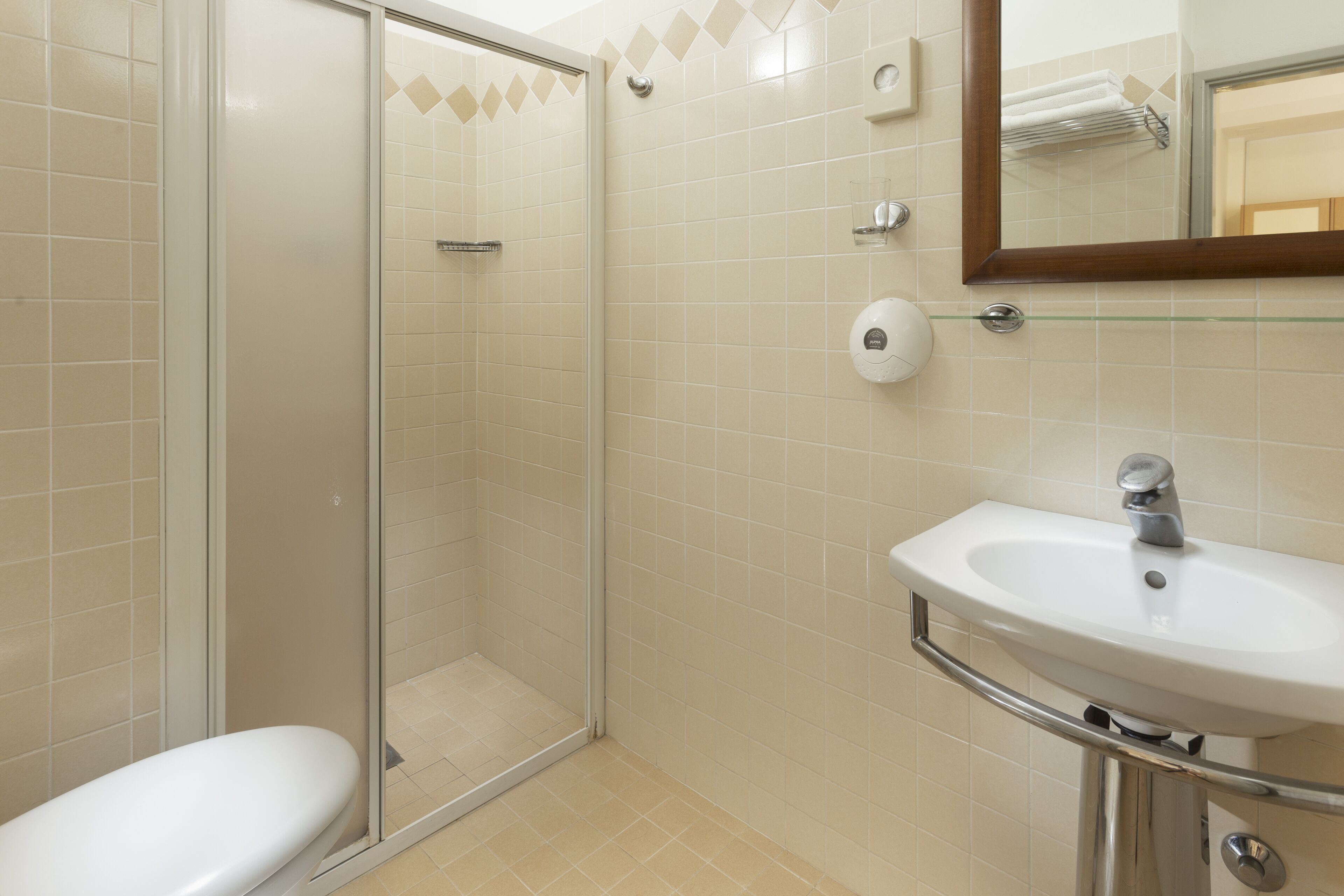 Une salle de bain avec une douche à parois de verre, un lavabo blanc avec un miroir et des toilettes.