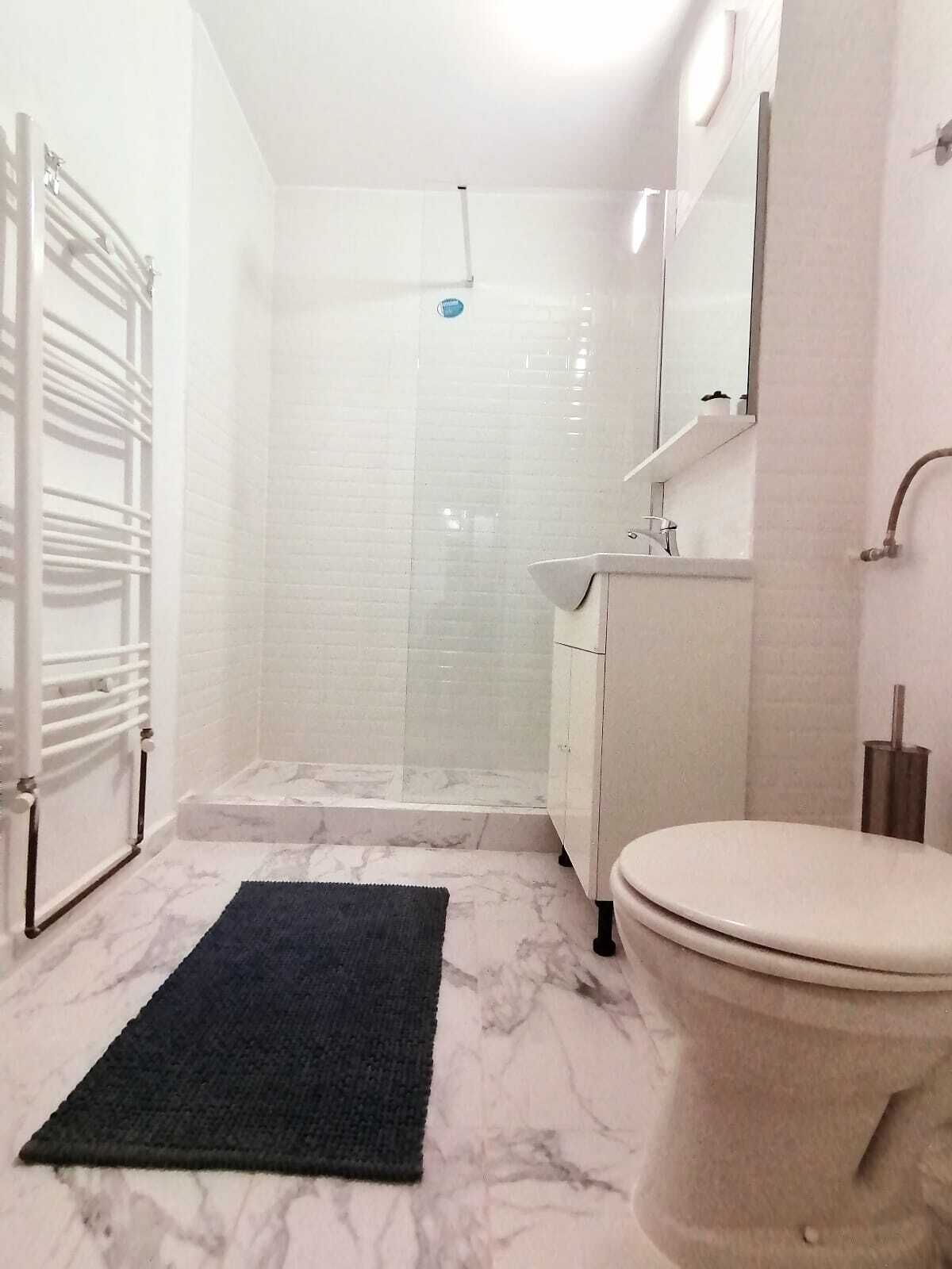 Shower, hair dryer, soap, shampoo