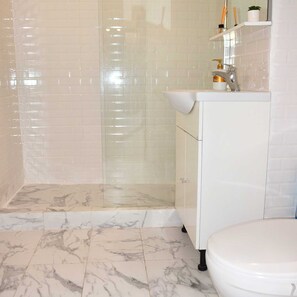 Douche, séchoir à cheveux, savon, shampooing